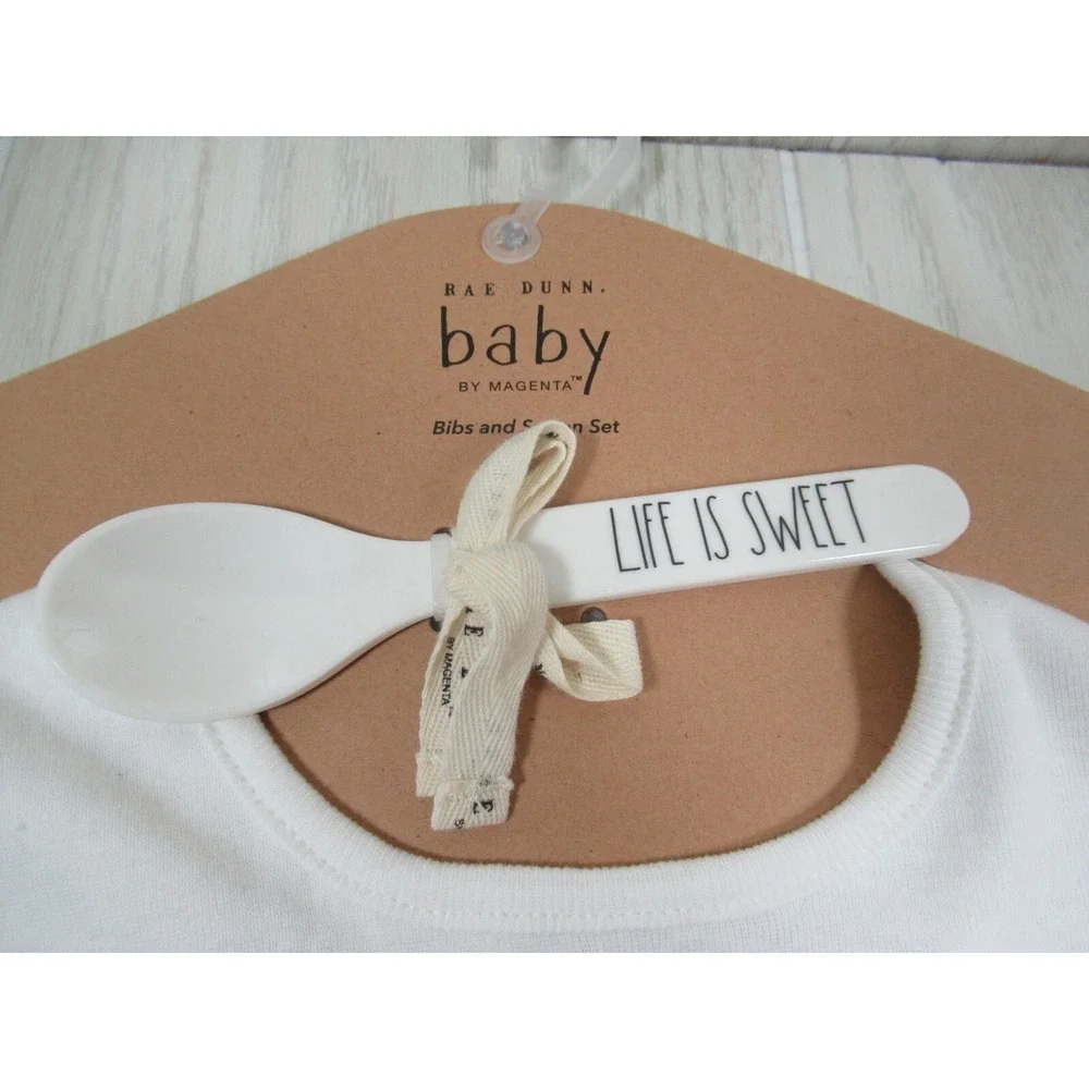 Rae‎ Dunn Baby Bibs spoon set Life Is Sweet Strawberries new with small spot on1